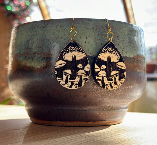 Wood Teardrop Mushroom Earrings