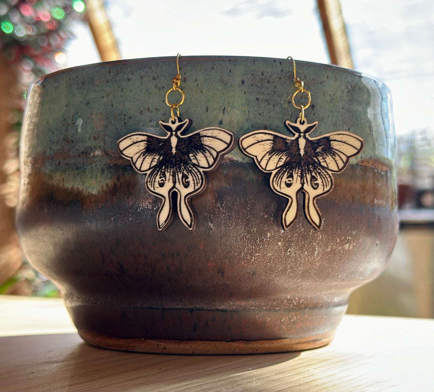 Wood Luna Moth Earrings